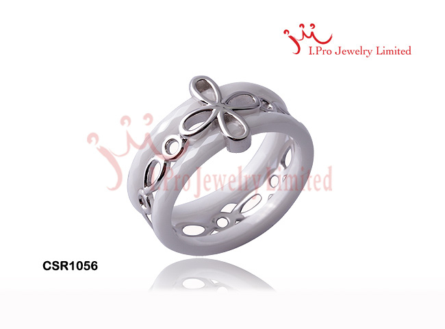 Size 7 Flower Shaped Brilliant Diamond Cut White Ceramic Silver Wedding Rings