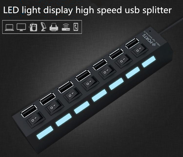 LED light display usb splitter 2.0 hub hub 7 port with independent switch usb converter multi-interface