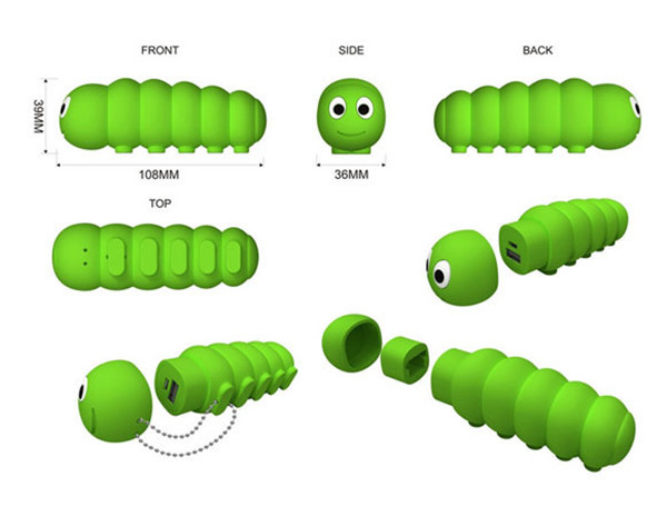 Natural Soft PVC 2600 mAh Cartoon Caterpillars Shaped Mini Power Bank for Charging App Ip Series and Android Smart Phone