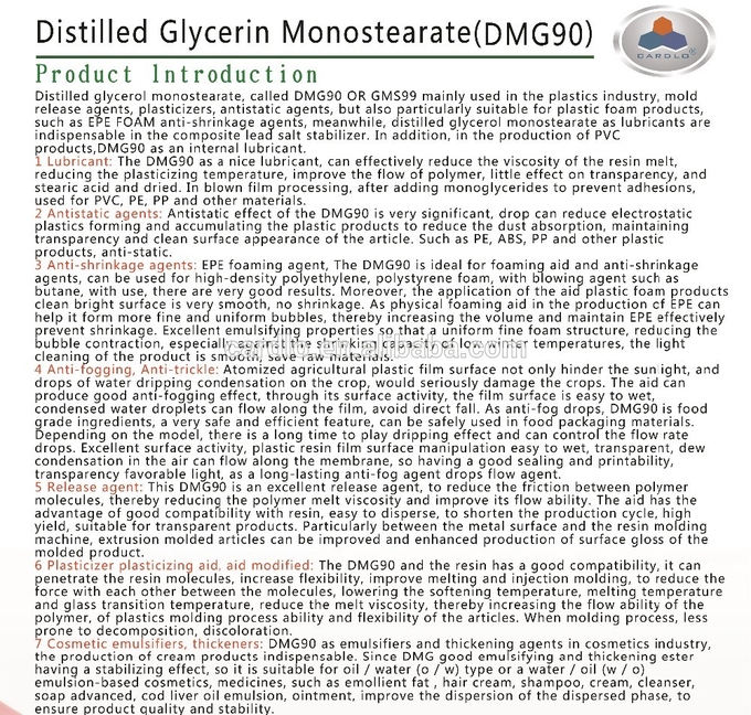 Le meilleur monostéarate distillé additif en plastique de glycérine des prix DMG pour l'anti agent statique