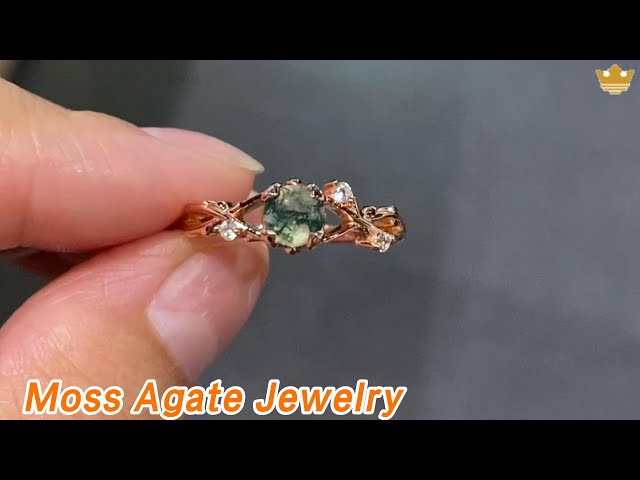 Round Moss Agate Jewelry Ring Sterling Silver Green Vintage For Women