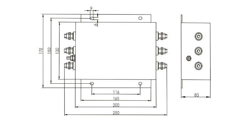 Three-phase power filter EMI Filter DAC6 Series Rated Current 100A-200A 4
